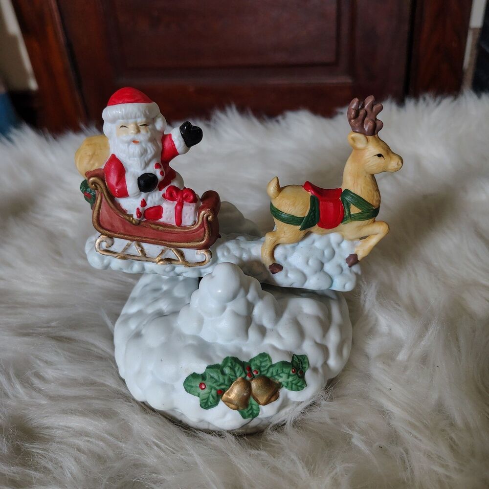 Vtg Brinns Santa Claus Reindeer Sleigh Teeter Totter Music Box Oh Christmas Tree